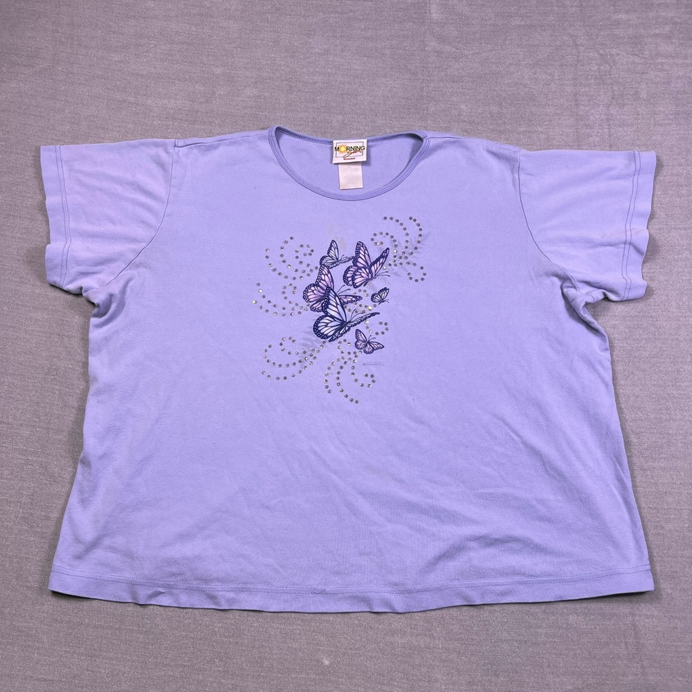 Morning Sun Butterfly Graphic Sequin Embellished T-Shirt Womens 3X Purple Cotton